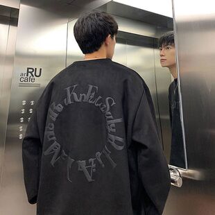 卫衣男装春秋季原宿风高街圆领潮流字母印花ins无帽宽松小众上衣