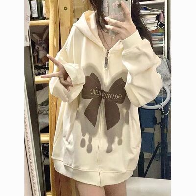 美式复古蝴蝶结vintage连帽开衫卫衣女秋冬加绒加厚宽松拉链外套