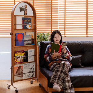 中古落地全身镜子家用创意杂志书报架复古可移动旋转实木试穿衣镜