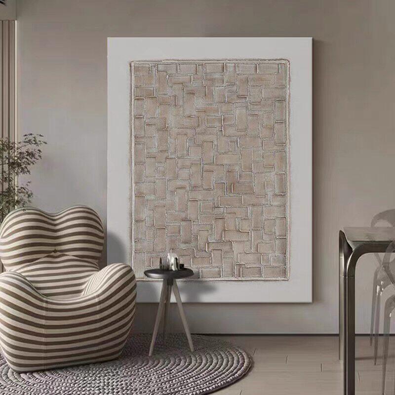 OM.ART手绘迷宫暖白色油画现代肌理落地画客厅玄关抽象侘寂装饰画