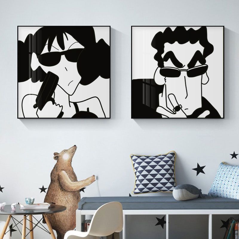 蜡笔小新系列广志美伢黑白工业风背景墙挂画卡通动漫儿童房装饰画图片
