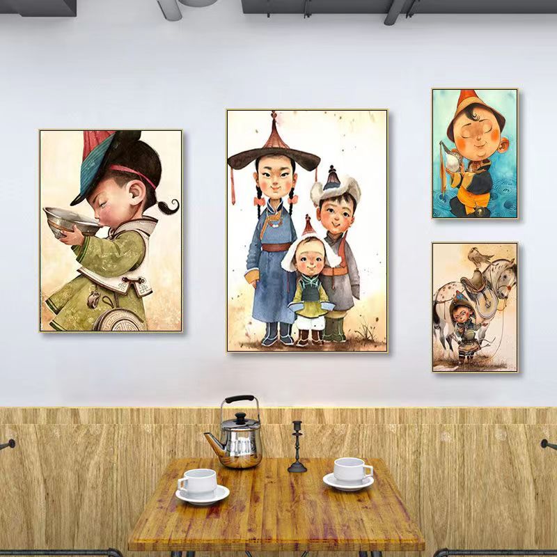 民族人物装饰画蒙元素壁画蒙古小孩餐厅饭店包厢挂画客厅玄关墙画图片