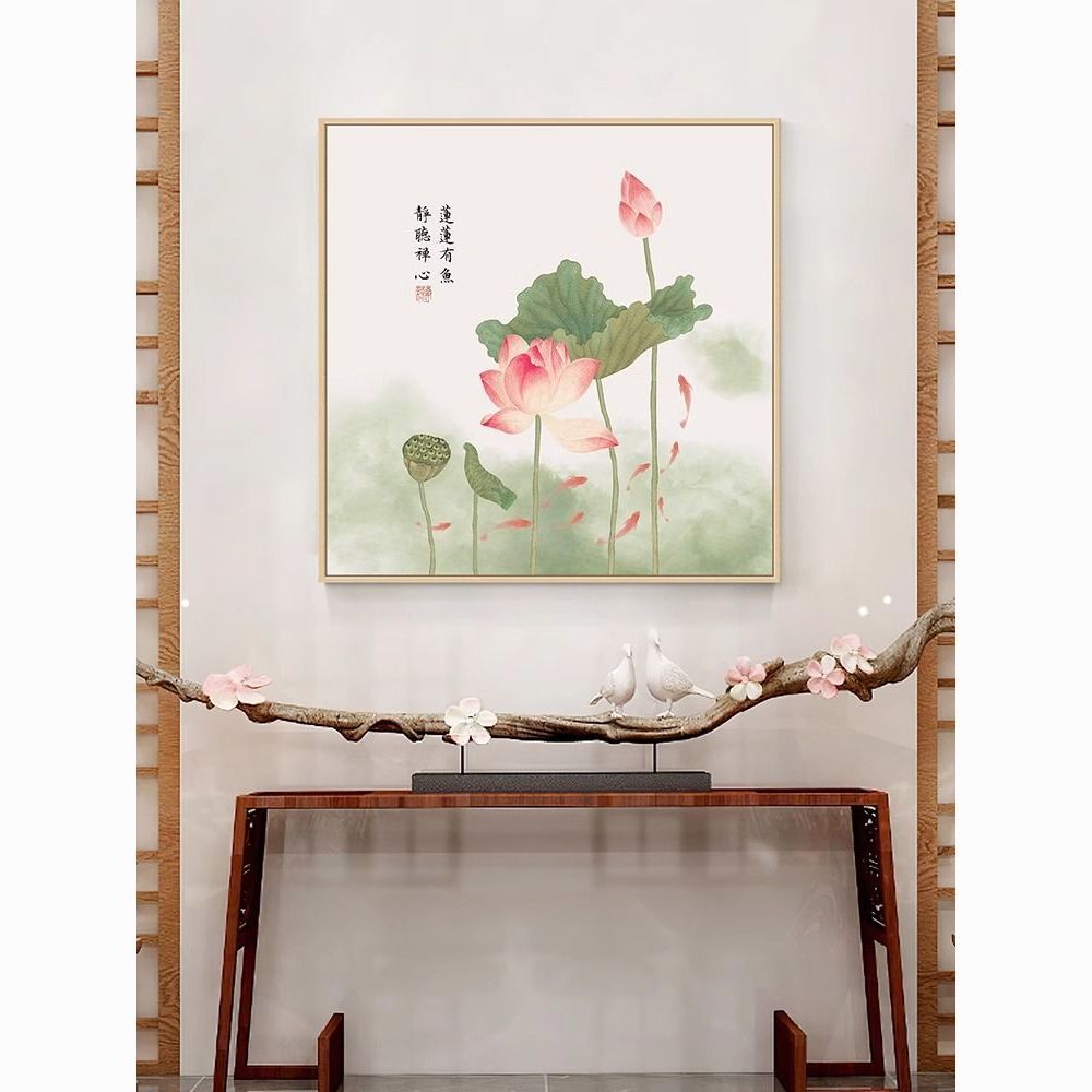 荷花装饰画正方形中式墙壁挂画客厅玄关走廊禅意茶室墙面莲花壁画图片