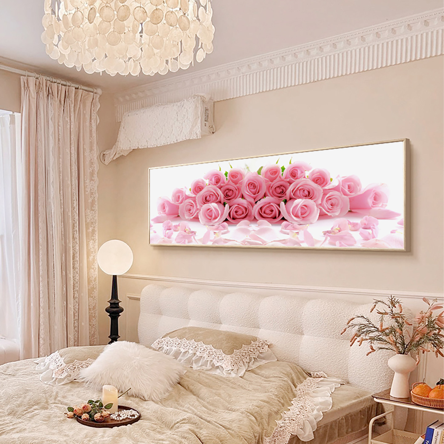 现代粉色玫瑰花床头背景墙装饰画主卧室客房花朵挂画民宿浪漫壁画