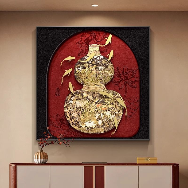 复古风葫芦玄关装饰画新中式九鱼图入户门壁画荷花走廊正方形挂画图片