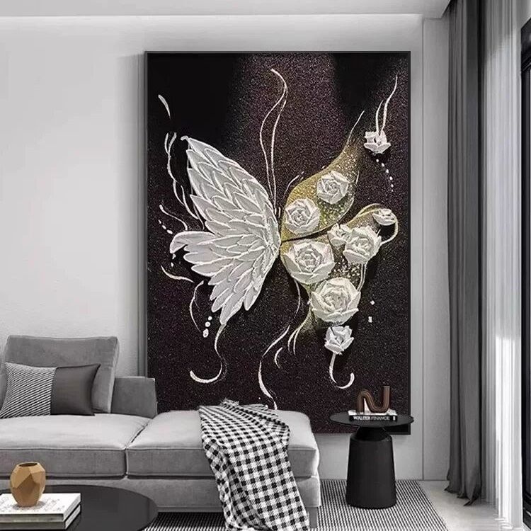 黑白蝴蝶立体肌理玄关装饰画温馨客厅沙发背景墙餐厅过道走廊挂画图片
