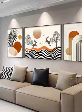 简约现代客厅装饰画抽象橙色线条壁画福鹿三联组合沙发背景墙挂画