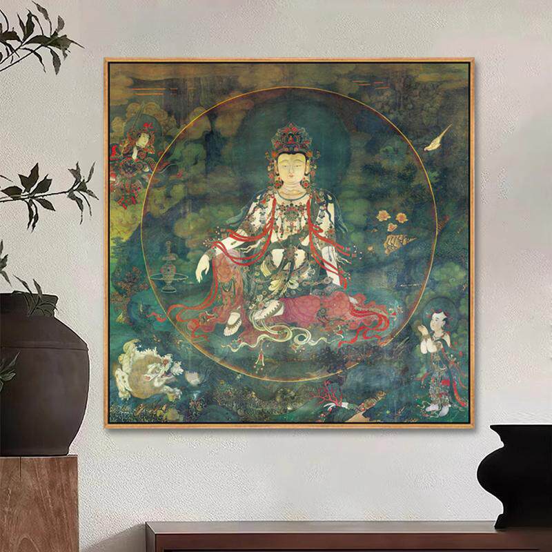 水月观音挂画普贤文殊菩萨佛像装饰画佛缘敦煌壁画复古客厅玄关画