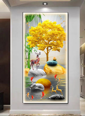 LED灯发财树玄关装饰画现代简约入户门走廊过道挂画高端大气壁画