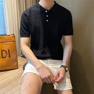 短袖 翻领男polo衫 英伦风菱形方格修身 针织衫 薄款 夏季 纯色休闲半袖