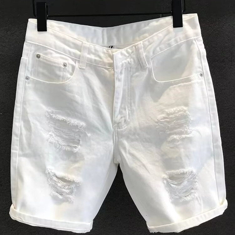 夏季白色破洞牛仔短裤男五分裤韩版潮流宽松弹力5分休闲马裤男潮