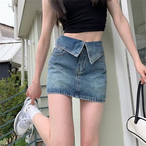 大码复古设计感高腰牛仔半身裙女夏季小个子显瘦包臀a字短裙裤子