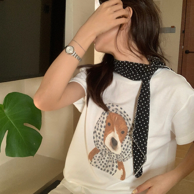 柠檬绿茶-呆萌波点小狗印花宽松减龄短袖T恤(配丝巾)10137