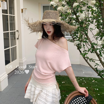 GS.GOOD START-必入夏季气质简约百搭蕾丝拼接下摆针织小衫D1138