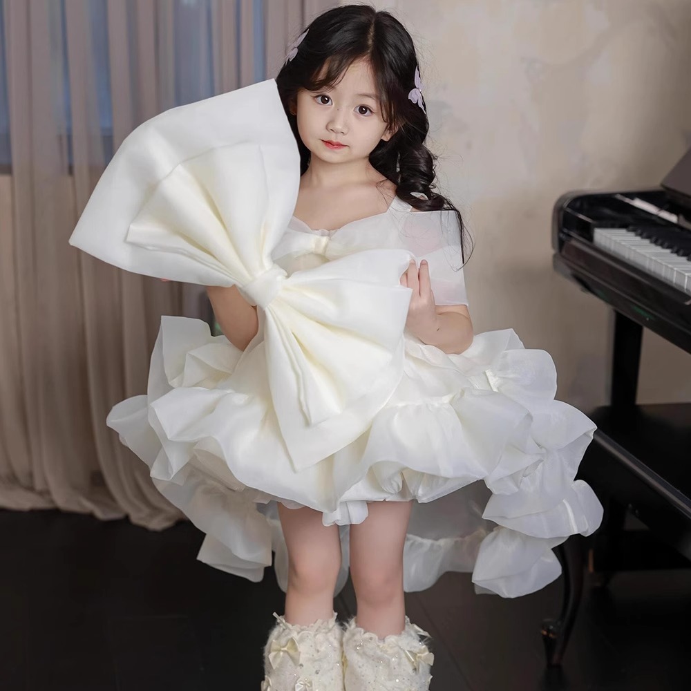 女童超大蝴蝶结公主裙2025新款迪斯尼拖尾高级感抹胸生日礼服裙