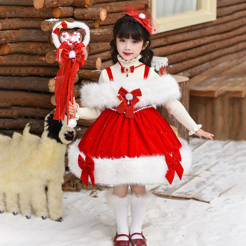 女童秋冬新款加绒红色洛丽塔