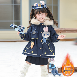 女童朱迪兔子警官加厚棉服秋冬款大毛领连帽中长款派克服洋气外套