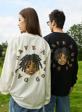 harshandcruel 街头感手绘脏辫小黑人发泡宽松纯棉针织长袖T恤