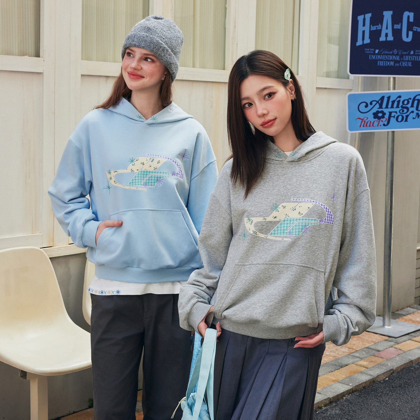 HACR元气拼布刺绣连帽卫衣 春秋装宽松植物系国潮牌潮流情侣帽衫