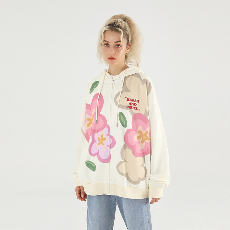 手绘花朵开衫连帽卫衣开衫