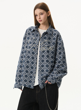 HACR菱形格流光风钉珠衬衫 美式复古宽松休闲夹克外套