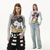 打底千禧少女长袖 HACR满印星星胶片印花T恤 韩系轻亚修身