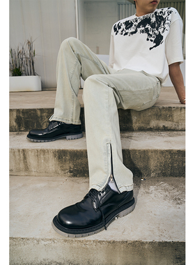 harsh and cruel美式街头cleanfit风脚口拉链浅蓝洗水破坏牛仔裤