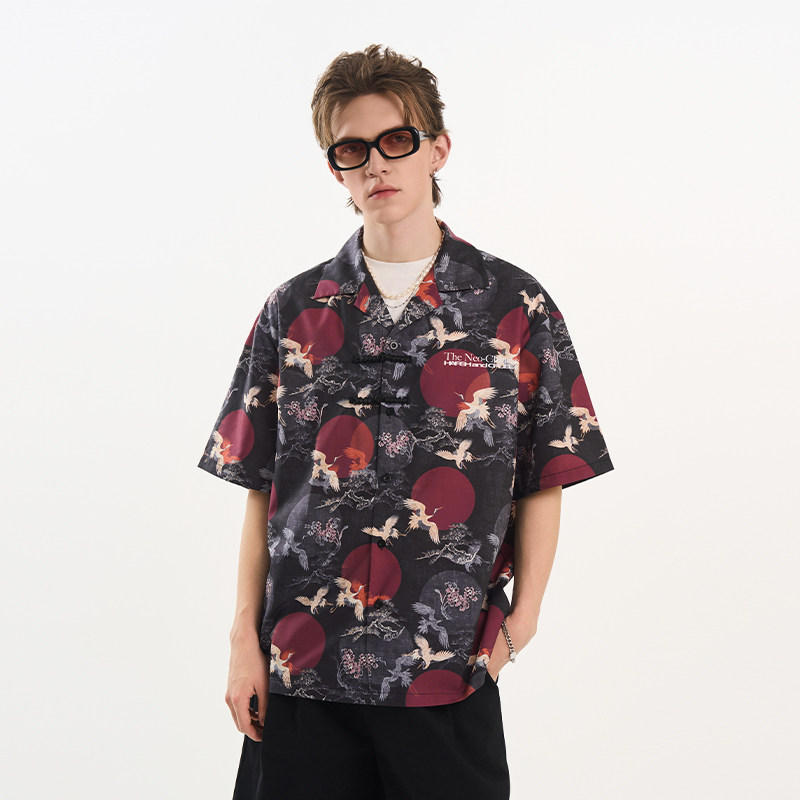 harshandcruel【新中式】古风满印红日仙鹤垂坠感古巴领短袖衬衫,男装,衬衫,淘宝优惠券,粉丝福利购,淘宝优惠卷
