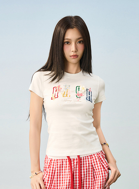 HACR 童趣手绘立体毛线小花宽松圆领短袖T恤男女