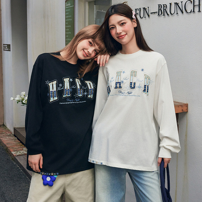 HACR民族风编织贴布刺绣长袖t恤 早秋国潮宽松情侣装t恤男女