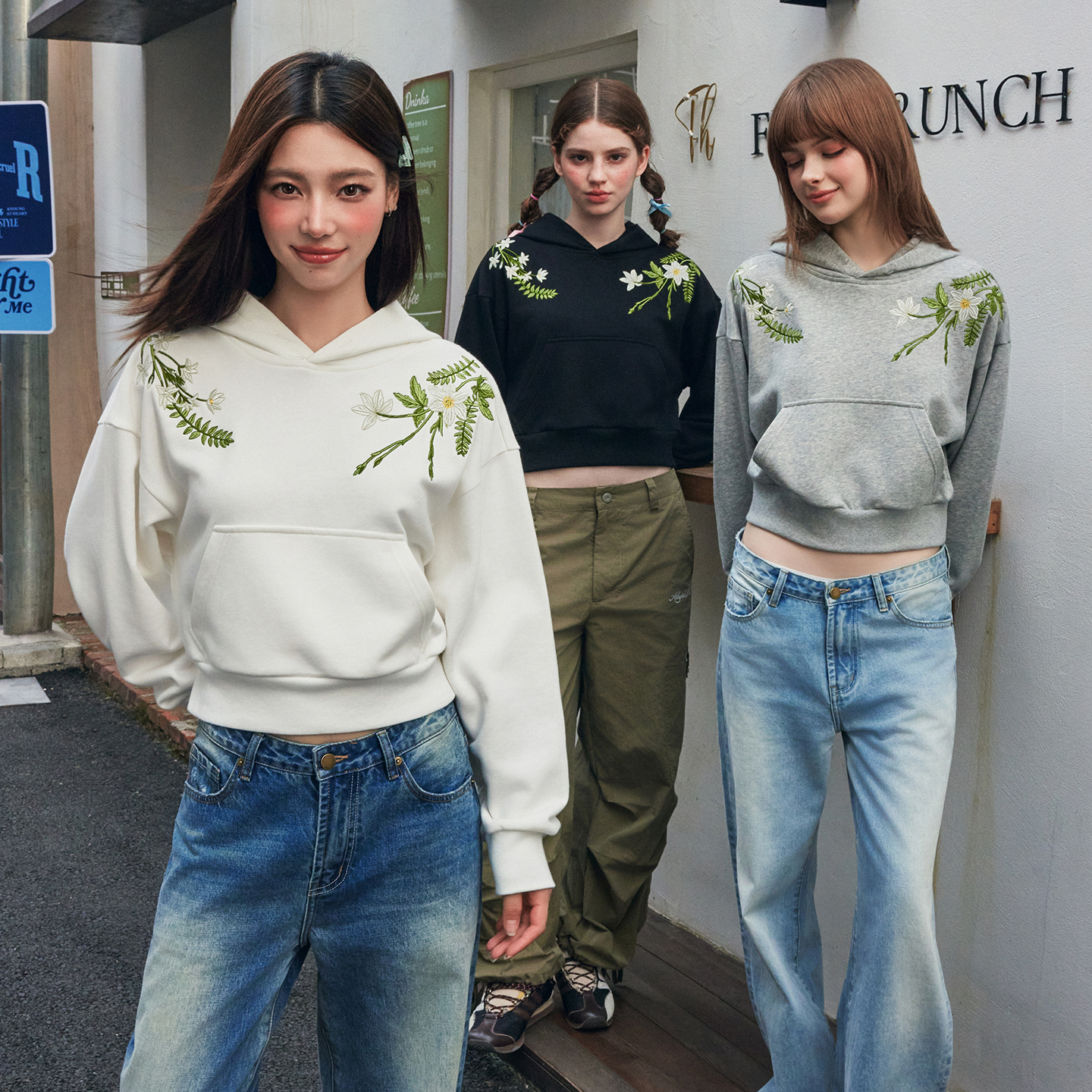 HACR绿花环刺绣连帽短款卫衣 早秋宽松国潮牌潮流宽松韩系帽衫女