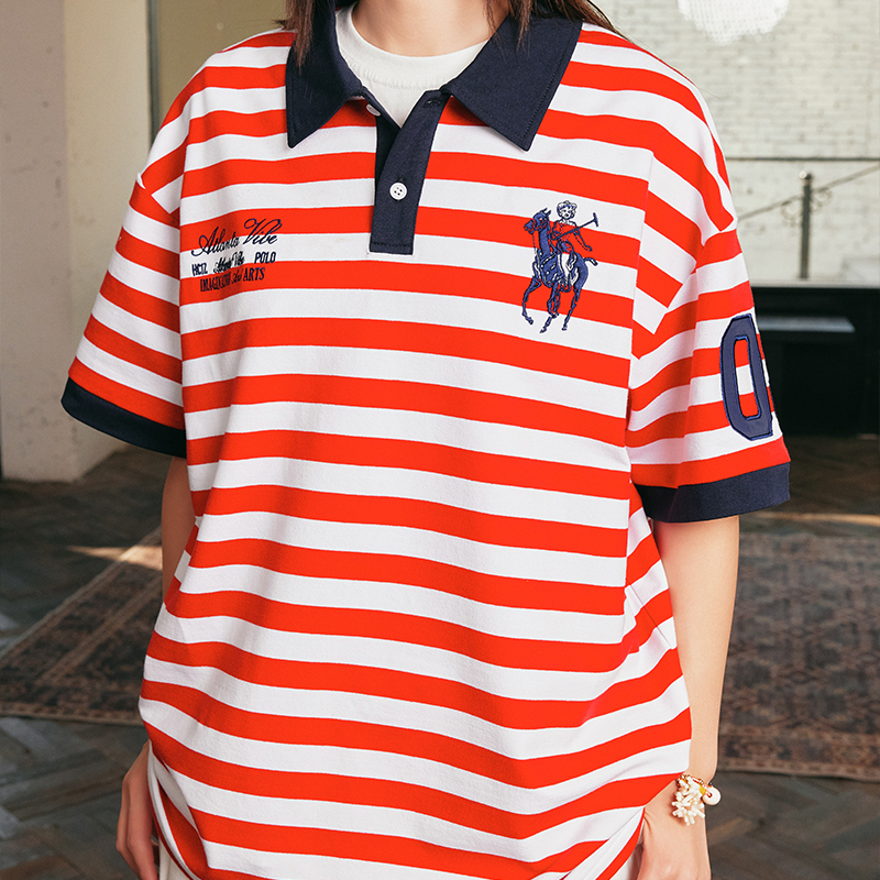 HACR条纹拼接刺绣短袖POLO衫