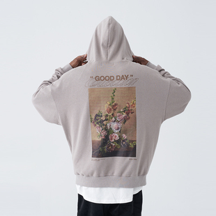 harshandcruel 复古油画花体字排版宽松潮流休闲街头连帽卫衣男