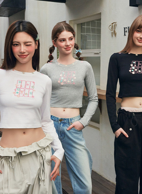 HACR元气花朵图章刺绣弹力修身正肩圆领韩系辣妹打底长袖T恤女
