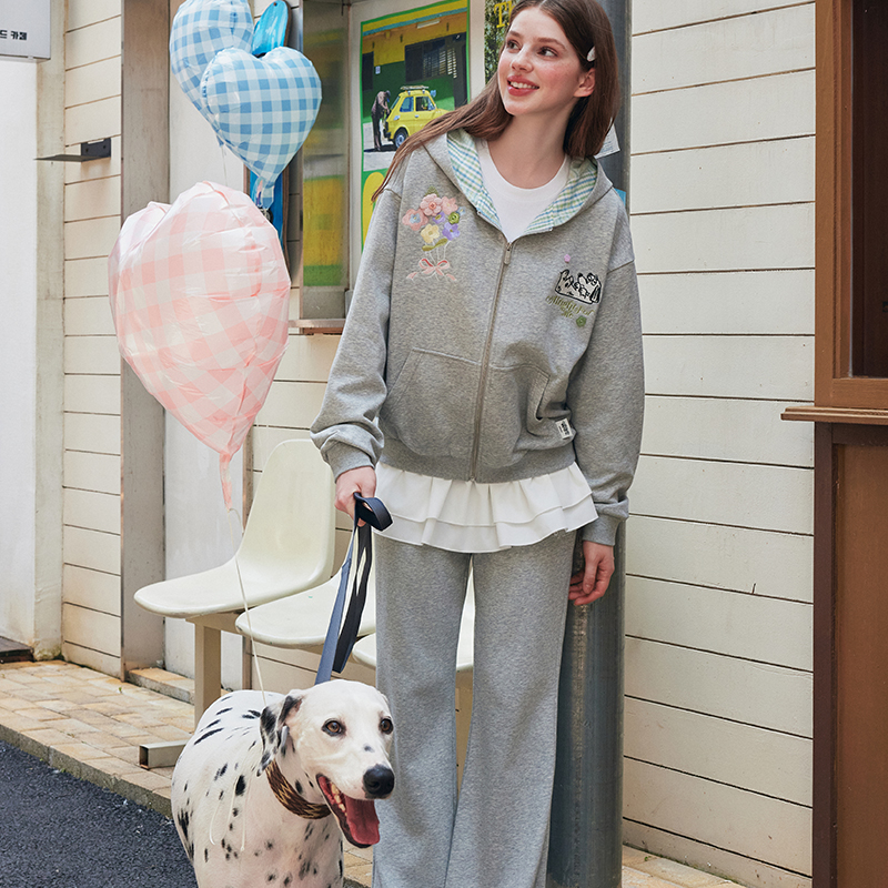 HACR手绘小狗刺绣连帽卫衣 宽松国潮牌潮流情侣格纹开衫卫衣男女