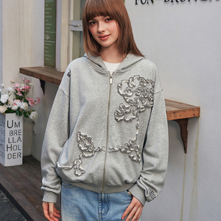 宽松国潮牌潮流韩系慵懒情侣帽衫 春秋装 女 卫衣 HACR立体花开衫