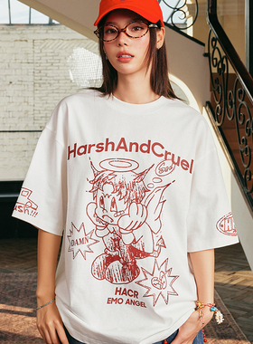 HACR丨harshandcruel2025夏童趣手绘emo天使街头涂鸦宽松短袖T恤