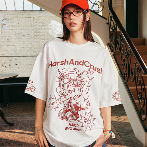 HACR丨harshandcruel2025夏童趣手绘emo天使街头涂鸦宽松短袖T恤