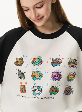 HACR涂鸦小猫手绘印花插肩袖T恤 美式休闲宽松打底长袖男女