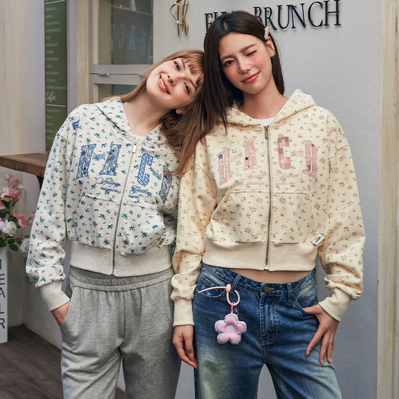 HACR小碎花刺绣连帽开衫卫衣 春秋装宽松国潮牌潮流韩系帽衫