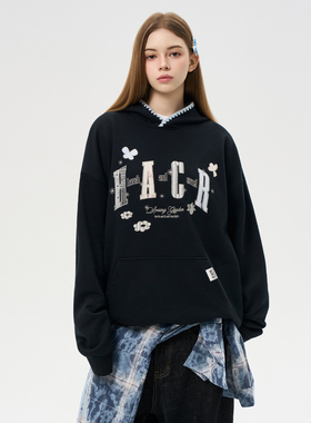 HACR蕾丝花朵贴布绣帽衫 贝壳绣宽松休闲百搭连帽卫衣男女