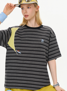 HACR小狗冲浪刺绣条纹拼接软糯T恤 国潮牌都市轻户外短袖男女