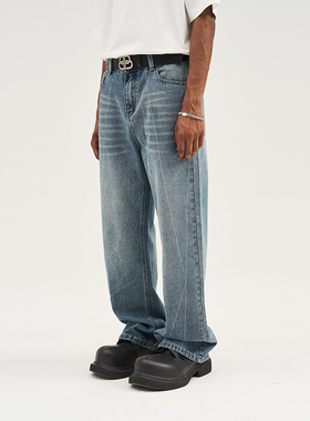 harsh and cruel美式复古重工水洗手工擦色线条直筒宽松牛仔裤