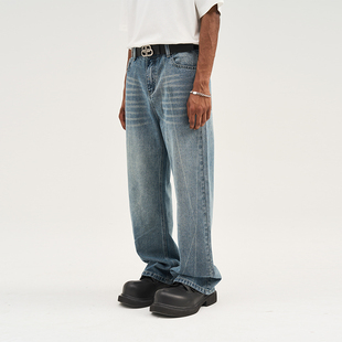 复古重工水洗手工擦色线条直筒宽松牛仔裤 cruel美式 and harsh