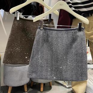 高腰烫钻短裙防走光裙裤羊毛呢半身裙女小香风修身显瘦A字裙秋冬