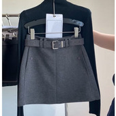 毛呢半身裙女2025秋冬新款 设计感腰带高腰包臀裙小个子a字短裙潮