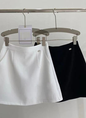 2025夏季新款白色西装短裙女高腰显瘦a字裙百搭口袋防走光半身裙