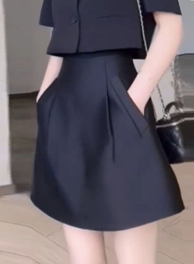 黑色光泽感挺阔短裙女高腰A字花苞裙2025春夏新款显瘦蓬蓬裙百搭