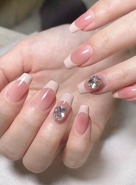 Pink French Tip Big Rhinestone Press On Nails