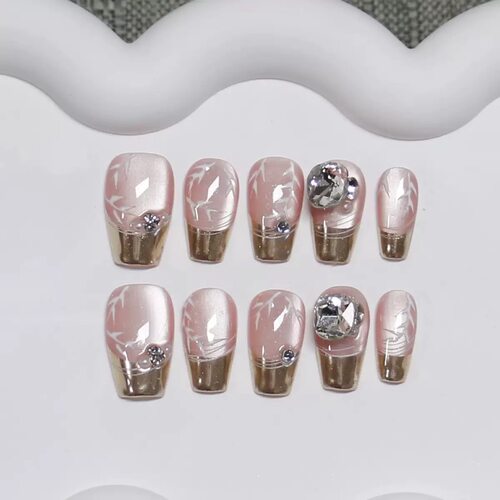 Chinese Bamboo Gold French Crystal Press On Nails